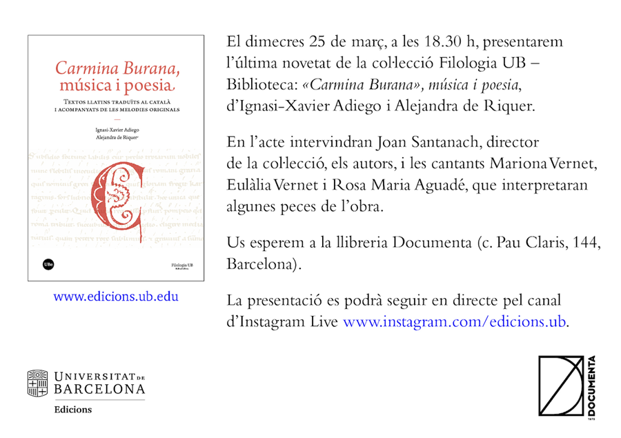 Presentació «Carmina Burana», música i poesia, d’Ignasi-Xavier Adiego i Alejandra de Riquer. - 